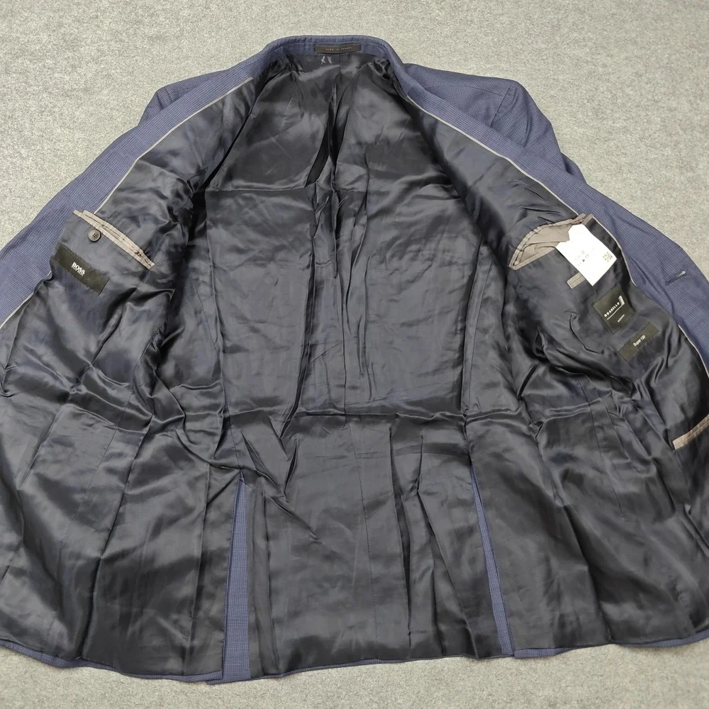 Hugo Boss Blazer Mens 42L Blue Check Super 120 Wool 2 Button Suit Jacket
